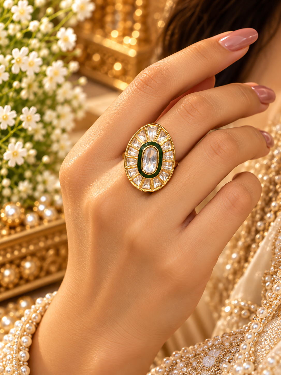 Green real look Polki ring