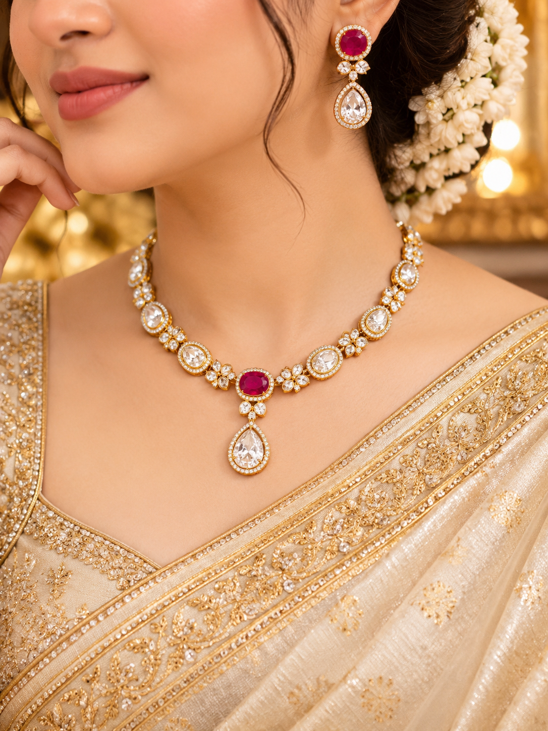 Red Tyaani polki Necklace Set